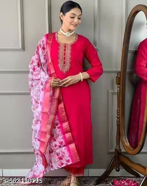 Elegant Fuchsia Pink Embroidered Kurti Pant Set with Printed Dupatta for Women