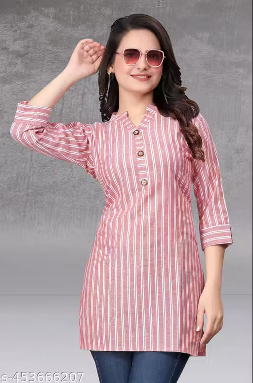 Women Striped Khadi Cotton Straight Latest Designer Printed Kurta Trendy Tunics Brand Cloth Kurti For Women