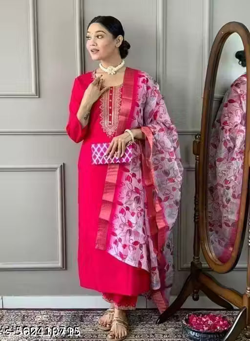 Elegant Fuchsia Pink Embroidered Kurti Pant Set with Printed Dupatta for Women