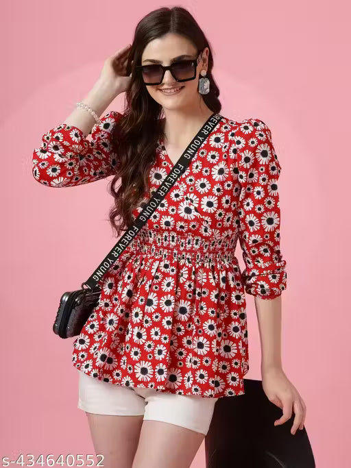 Honky Tonky Red Floral Print Peplum Top
