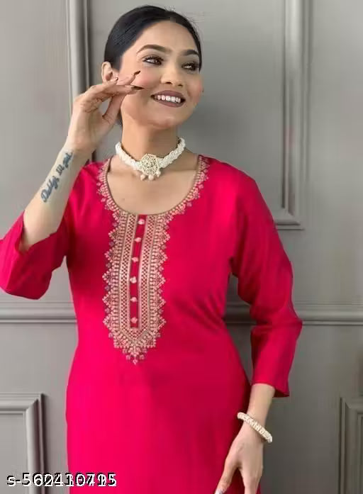 Elegant Fuchsia Pink Embroidered Kurti Pant Set with Printed Dupatta for Women