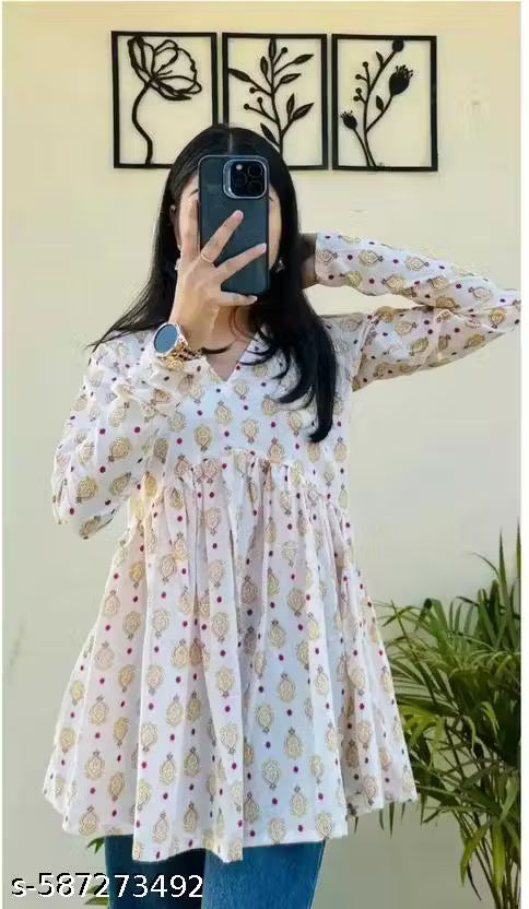 Women’s Rayon Printed Kurti | Long Sleeve Flared Kurta Top